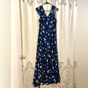 Francesca's Blue Floral Maxi Sundress Sleeveless V-Neck